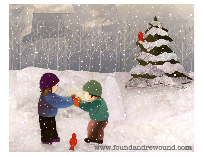 Mixed media collage of children in the snow looking at a glowing object together.