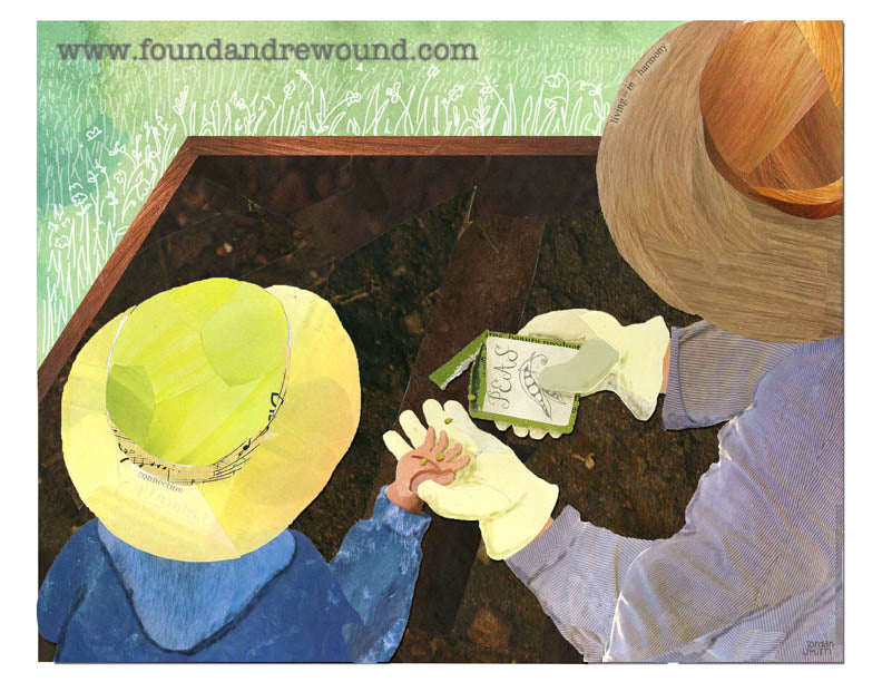 Mixed media collage of a mother and child planting seeds together in the garden.