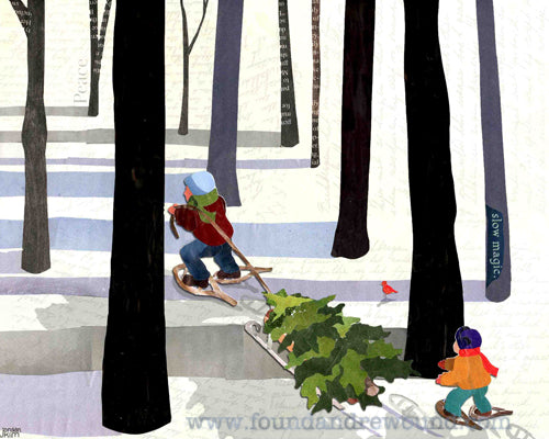 Mixed media collage of a father and son gathering a Christmas tree from the woods.