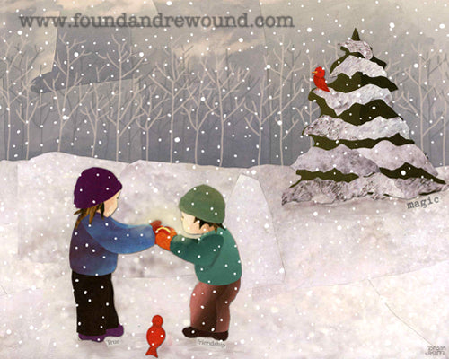 Mixed media collage of children in the snow looking at a glowing object together.