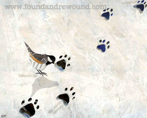 Mixed media collage of a bird foraging in footprints in the snow.