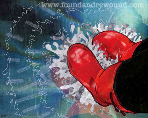 Mixed media collage of rain boots stomping in water with an inspirational quote.