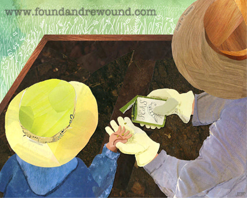 Mixed media collage of a mother and child planting seeds together in the garden.