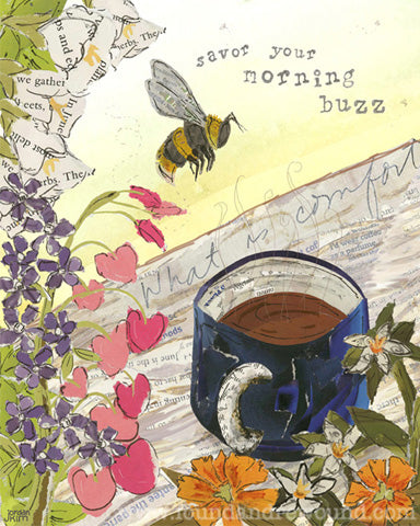 Jordan Kim, coffee pictures, honey bees, coffee, gift for coffee lover, flowers, gardener, mixed media collage, paper art