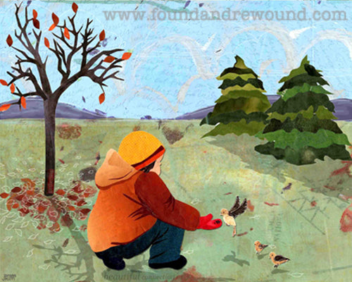 Mixed media collage of a child feeding birds with fall leaves and purple hills in the background.