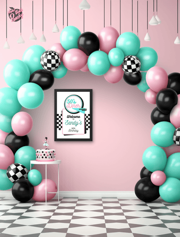 11950s sock hop diner party balloon garland arch circle inspo aqua pink white black balloons idea easy diy fifties decorations