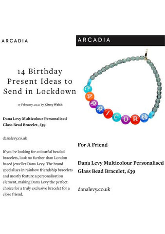 Arcadia Magazine Featuring Dana Levy  Limited Edition Multicolour Personalised Name Faceted Glass Bead Bracelet