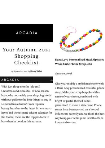 Arcadia Magazine Featuring Dana Levy Personalised Maxi Alphabet Wood Cube Phone Strap
