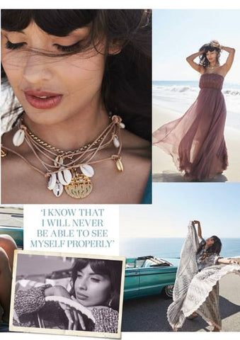 Jameela Jamil wearing Dana Levy Aphrodite Seashell Charms Leather Cord Necklace in Red Magazine