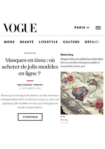 Vogue.fr featuring Dana Levy's floral meadow face covering and retro floral beaded face covering chain