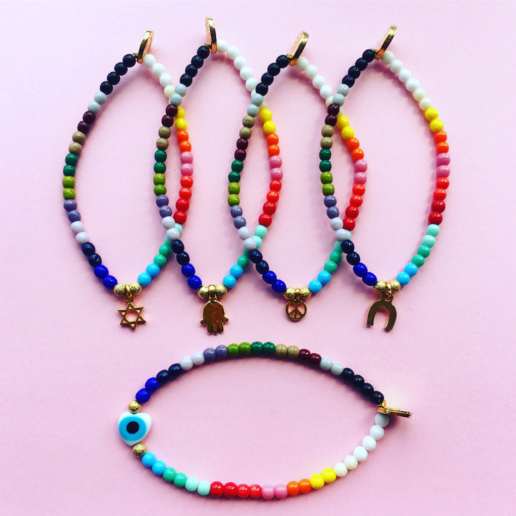 Evil Eye Heart Charm Rainbow Glass Bead Bracelet | Dana Levy Ltd