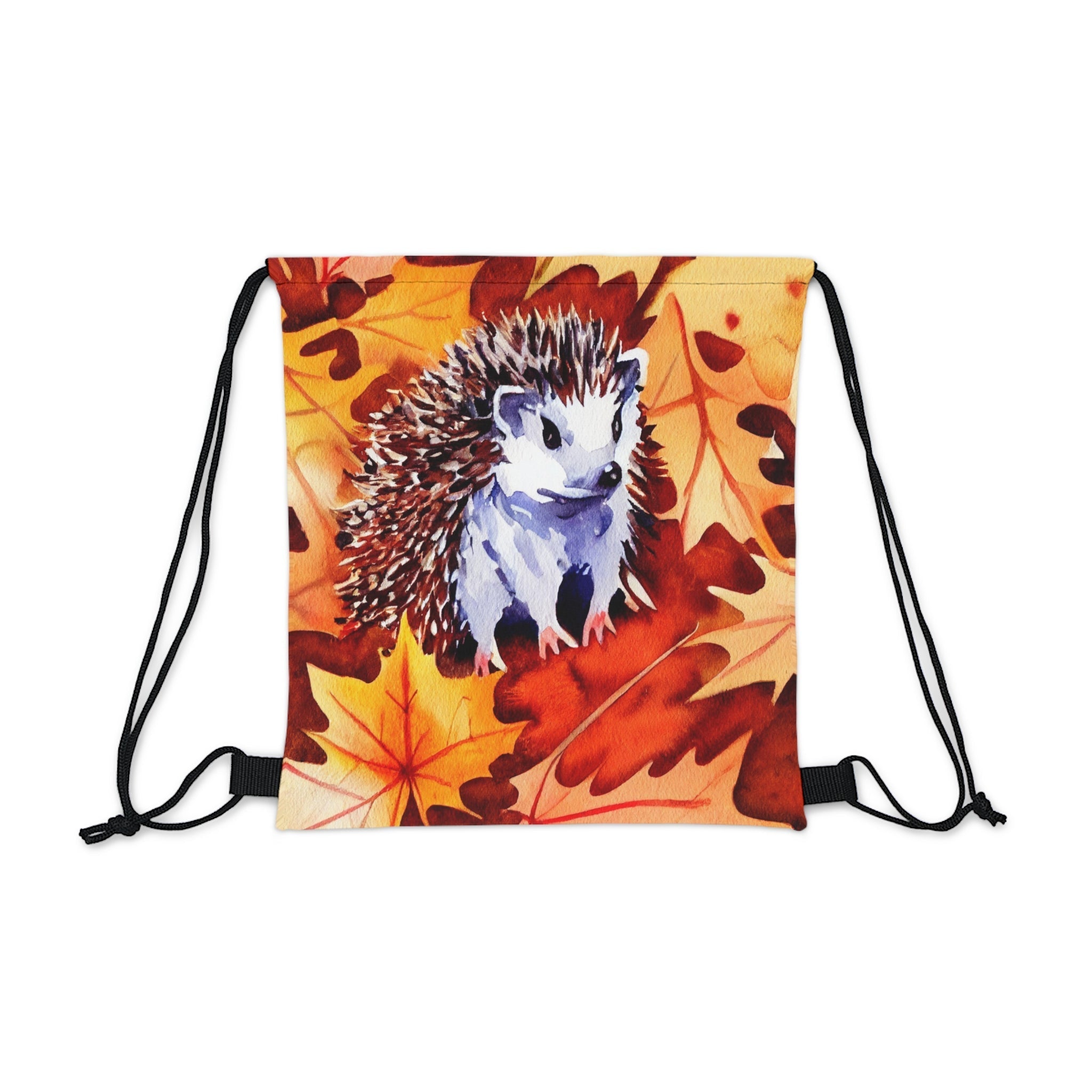 A Tiny Hedgehog Sitting Amongst Fall Leaves - Drawstring Bag