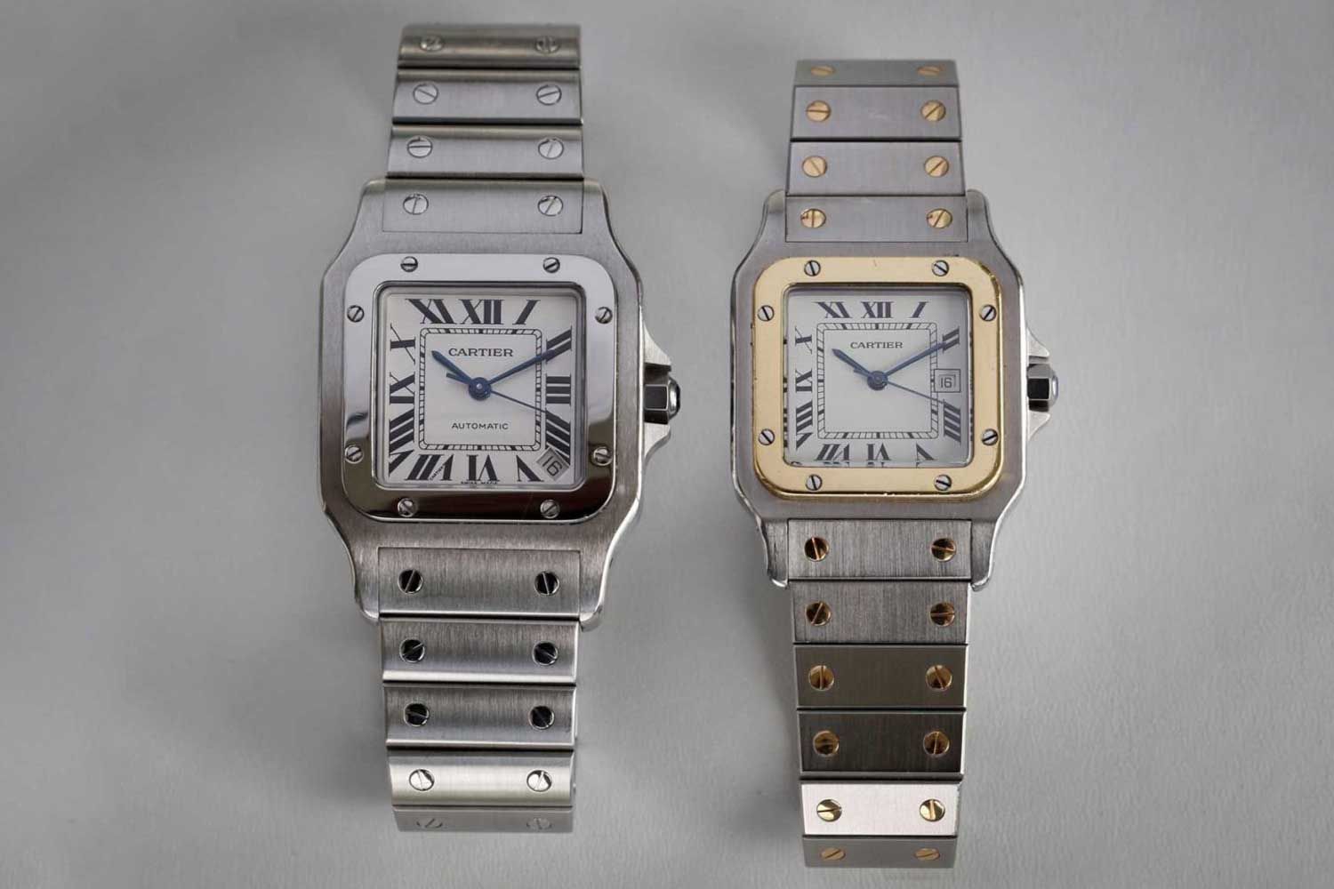 On the left is the Cartier Santos Galbee, and on the right is the two-tone Santos from 1978. (© George Cramer)