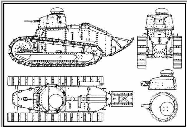 ルノー戦車　FT-17を４方向から見た図