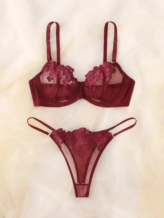 Burgundy Lingerie Set Embroidered