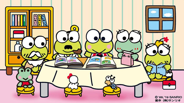 Keroppi's family and friends looking at photo albums on the dining table