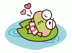 Keroppi resting on a pond and then falling over