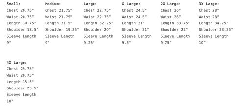 Regular Fit Size Chart