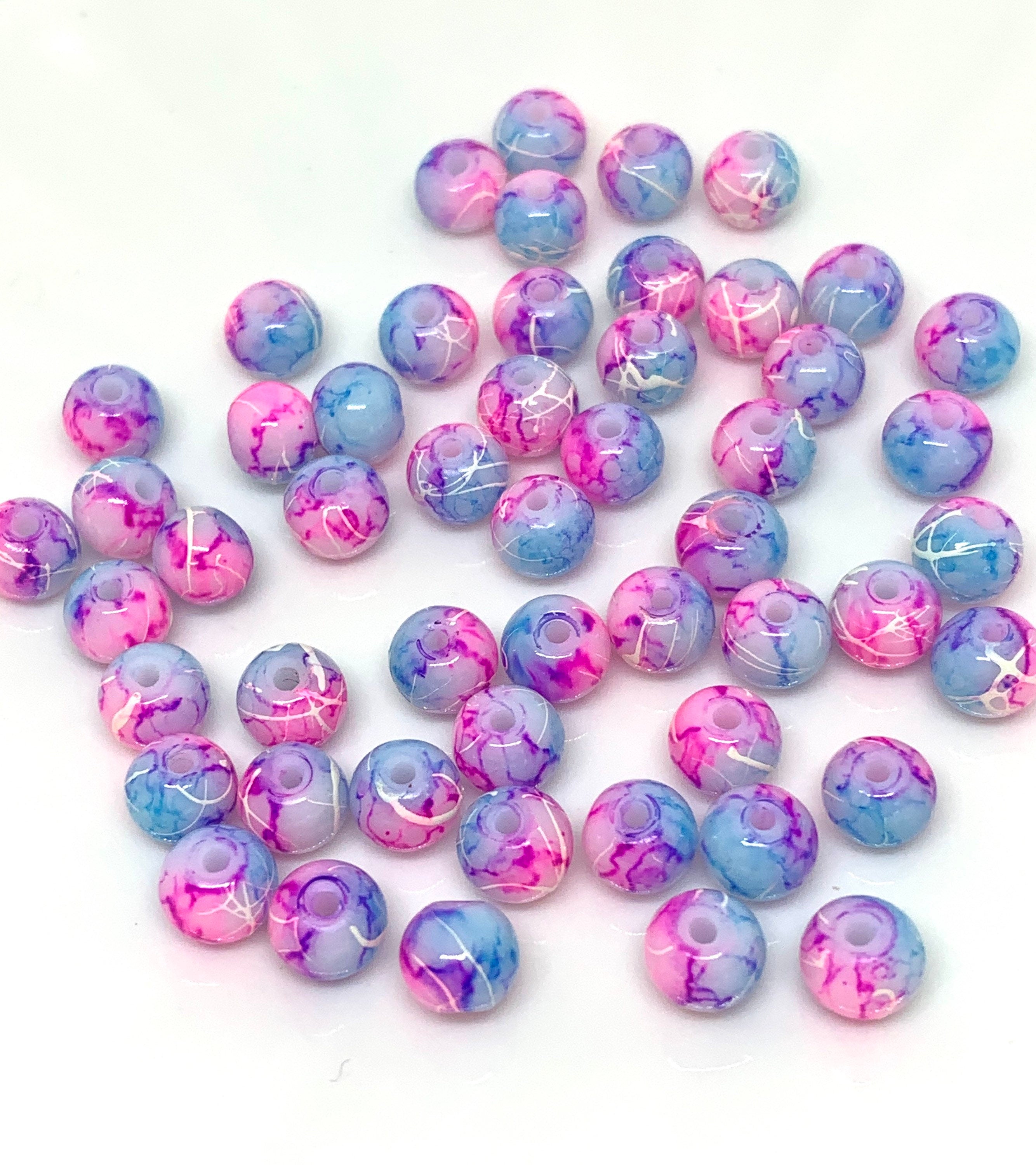 6mm Round Glass Beads - Lt Blue Marble - 50 Beads