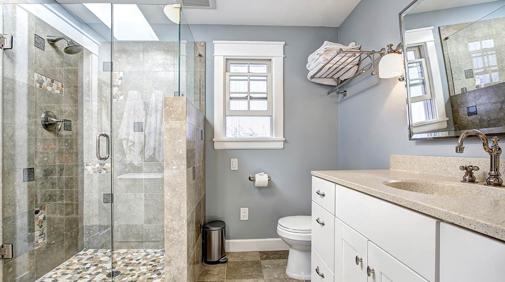 Modern Shower Door Granite Bathroom Treated with Water Repellent Coating