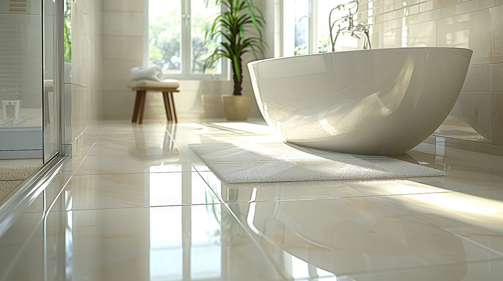 White Bathroom Tile Floor With Bathtub and Shower