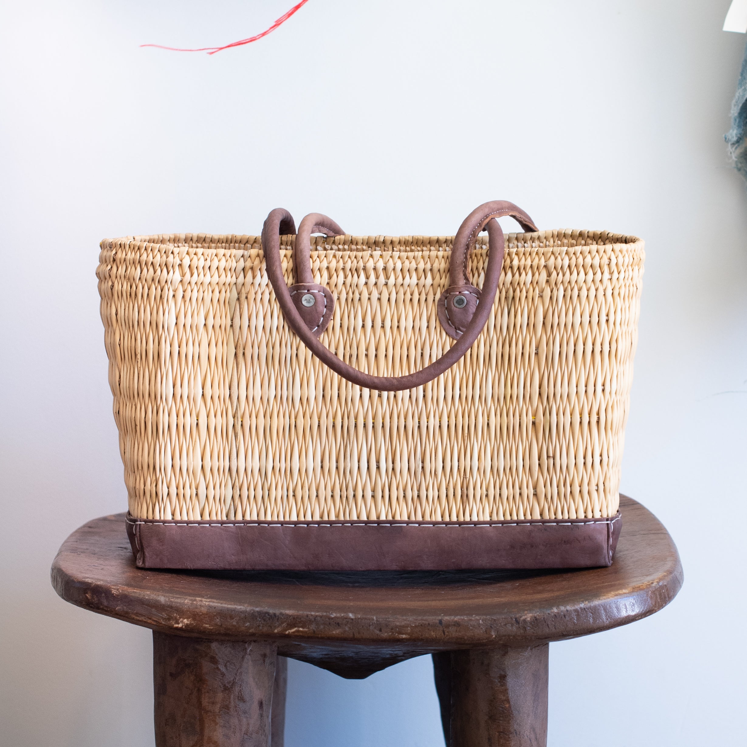 Moroccan Natural Woven Bag W/ Leather Handles