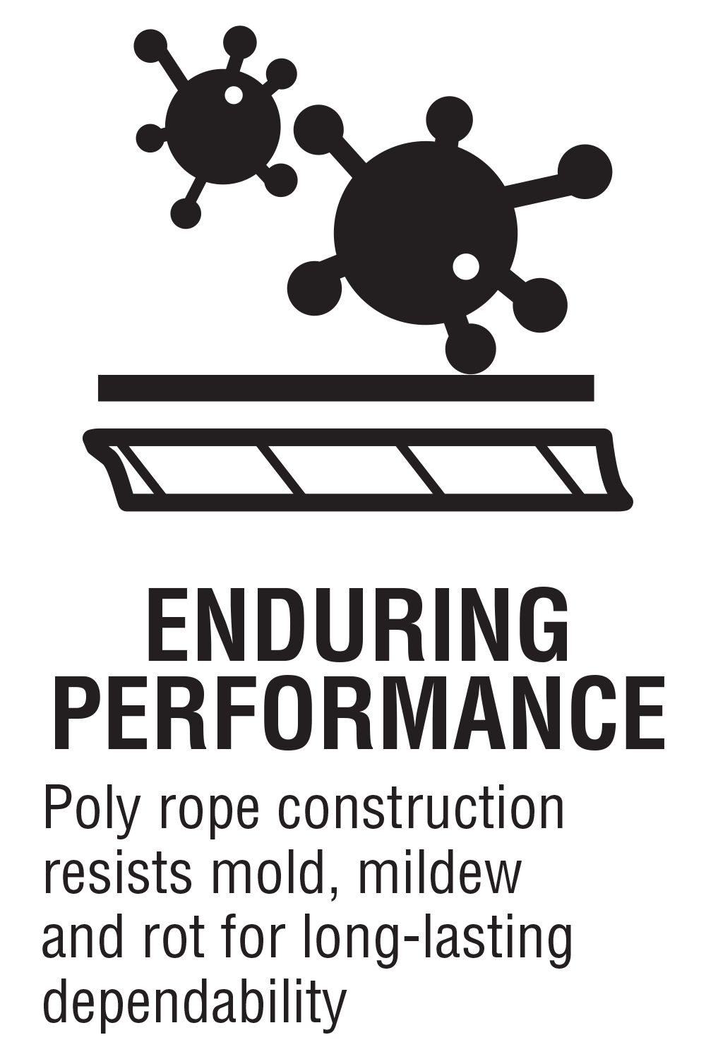 Enduring Performance Poly rope construction resists mold, mildew and rot for long-lasting dependability