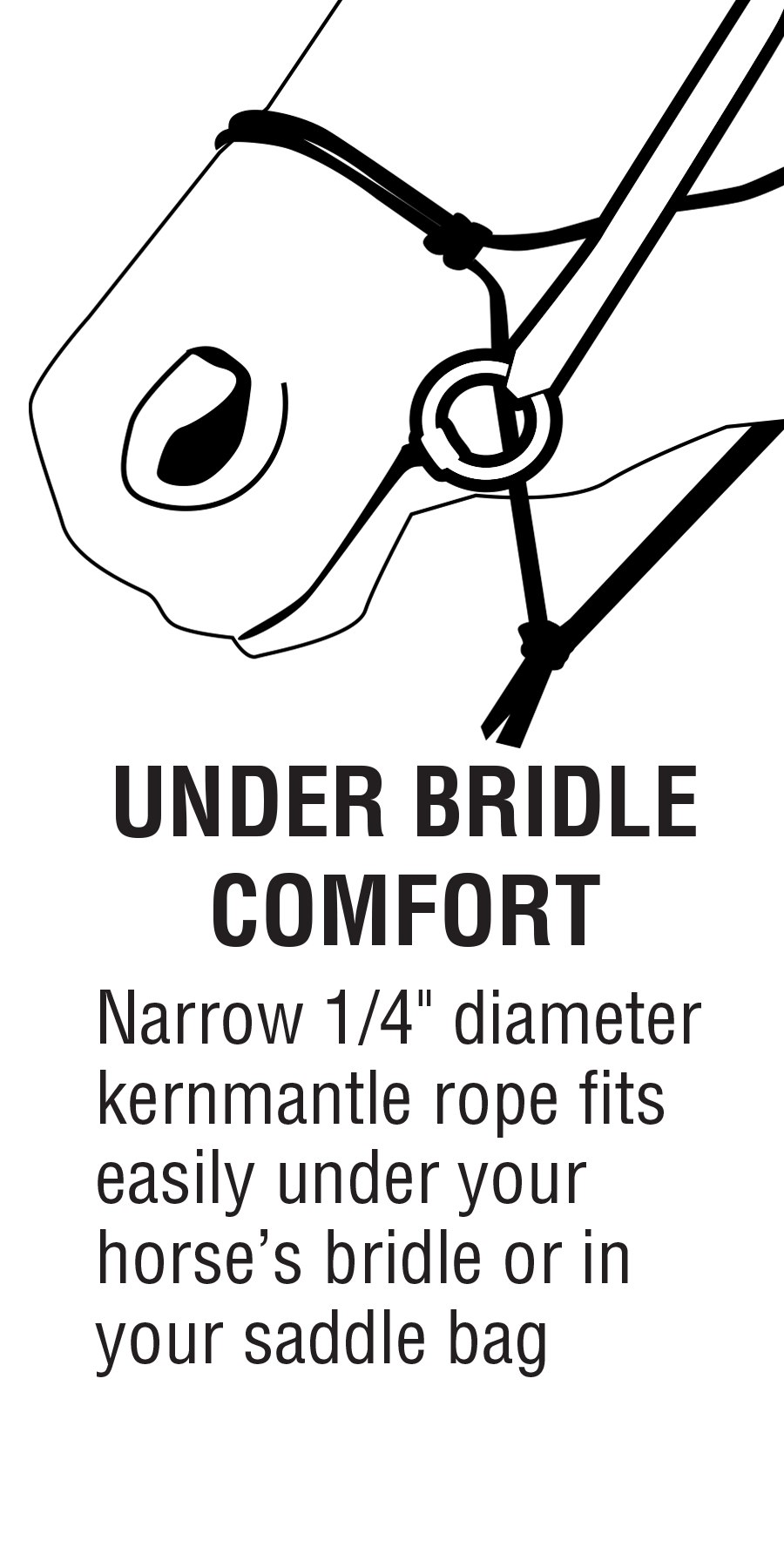 Narrow 1/4 inch diameter kernmantle rope fits easily under your horse’s bridle or in your saddle bag