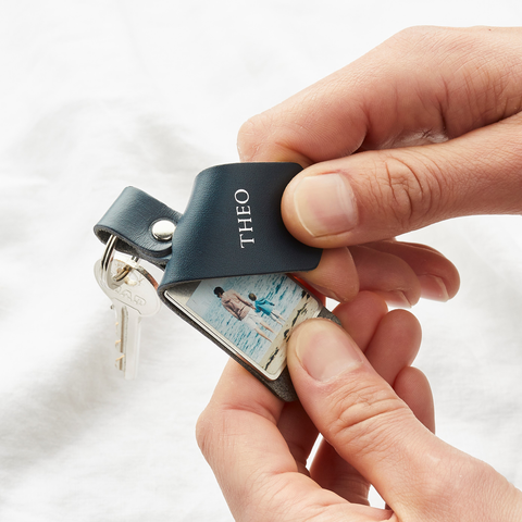 A Create Gift Love navy blue photo keyring showing a father and son