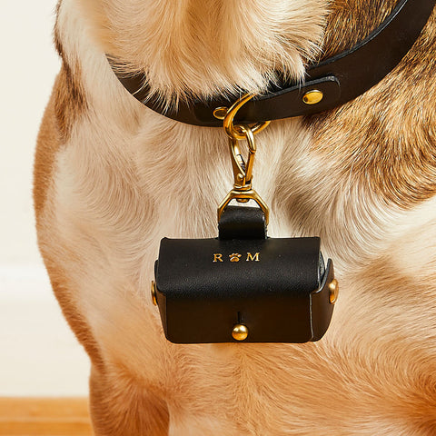 A black leather wedding ring box with personalised initials, attached to a dog's collar