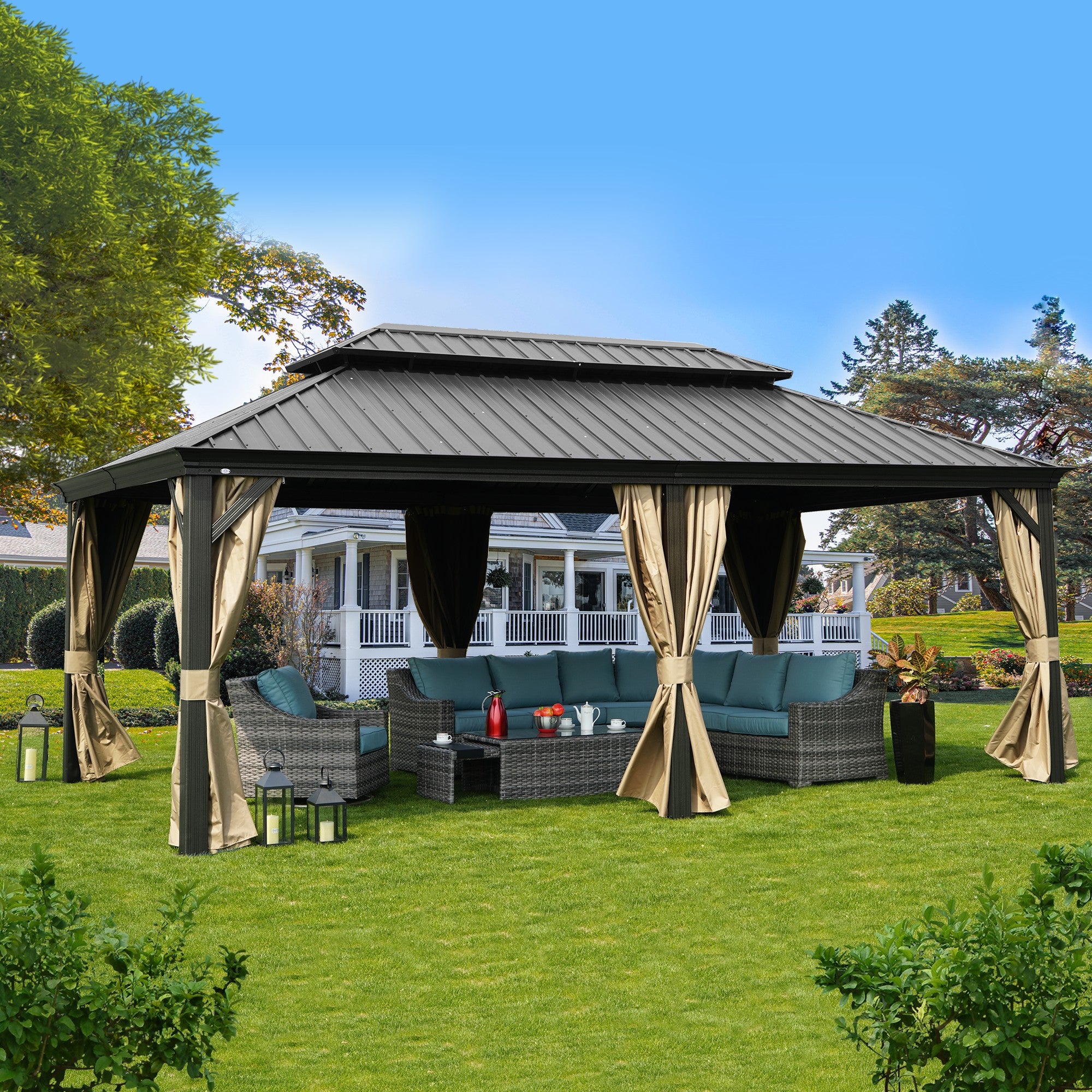 Kozyard Alexander 12' X 20' Hardtop Gazebo, Aluminum Metal Gazebo with Galvanized Steel Double Roof Canopy, Curtain and Netting, Permanent Gazebo Pavilion for Patio, Backyard, Deck, Lawn (Gray)