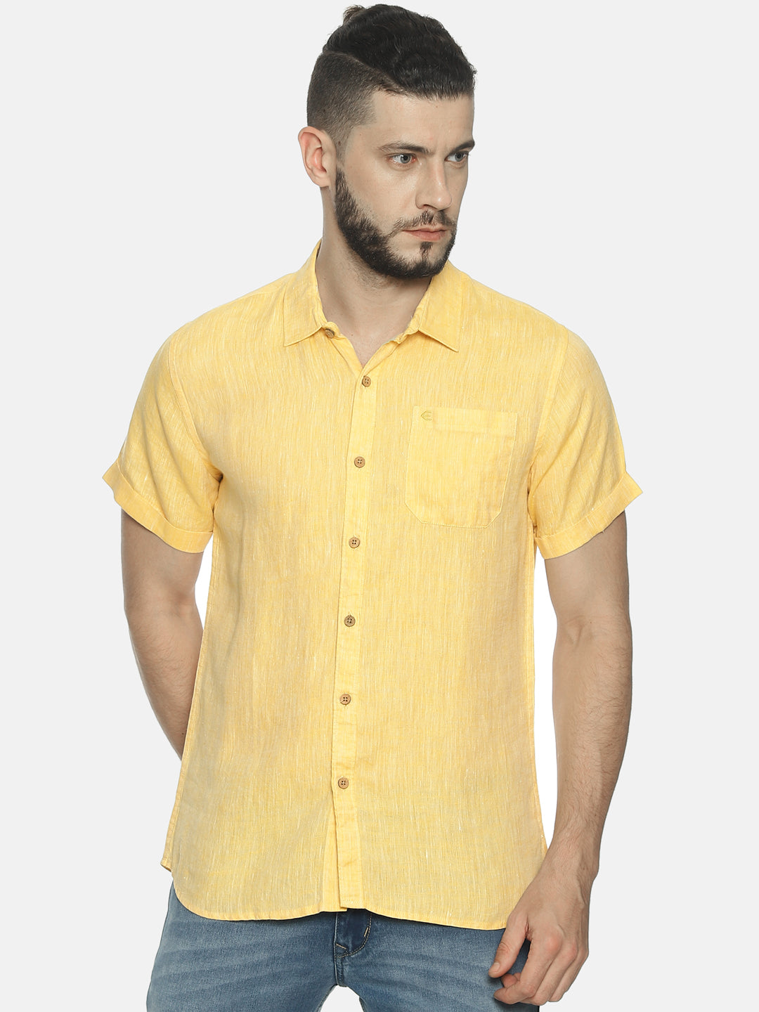 Lemon Yellow Casual Half Sleeves Hemp Shirt For Men | Ecentric