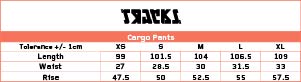 Size chart cargo pants
