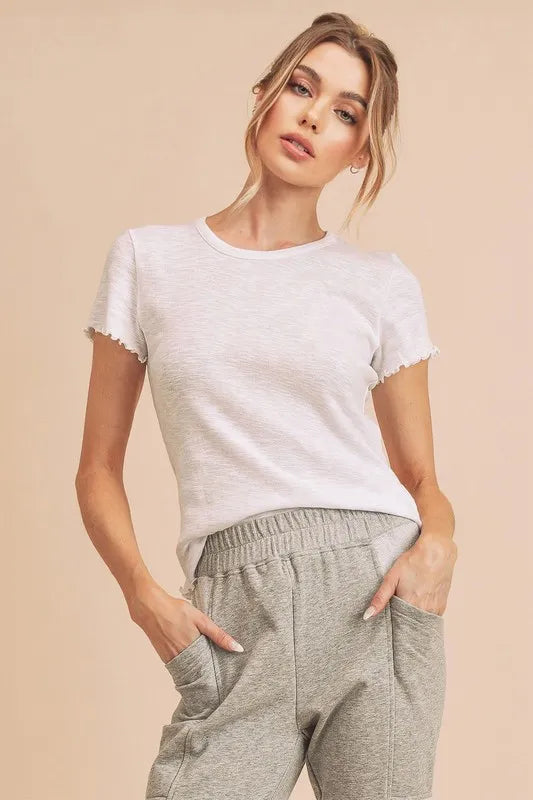 Aemi+Co Round Neck Lettuce Hem Short Sleeve T-Shirt