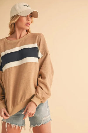 Aemi + Co Raw Hem Contrast Striped Dolman Sleeve Sweatshirt - KOKO Direct