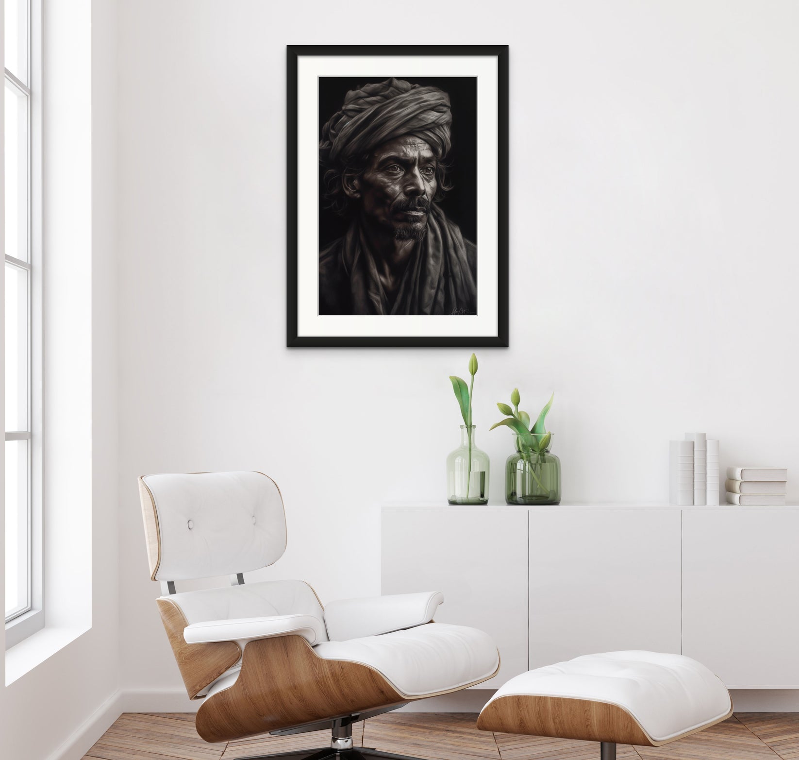 Exquisite Charcoal Portrait Print of a Traditional Indian Gentleman
