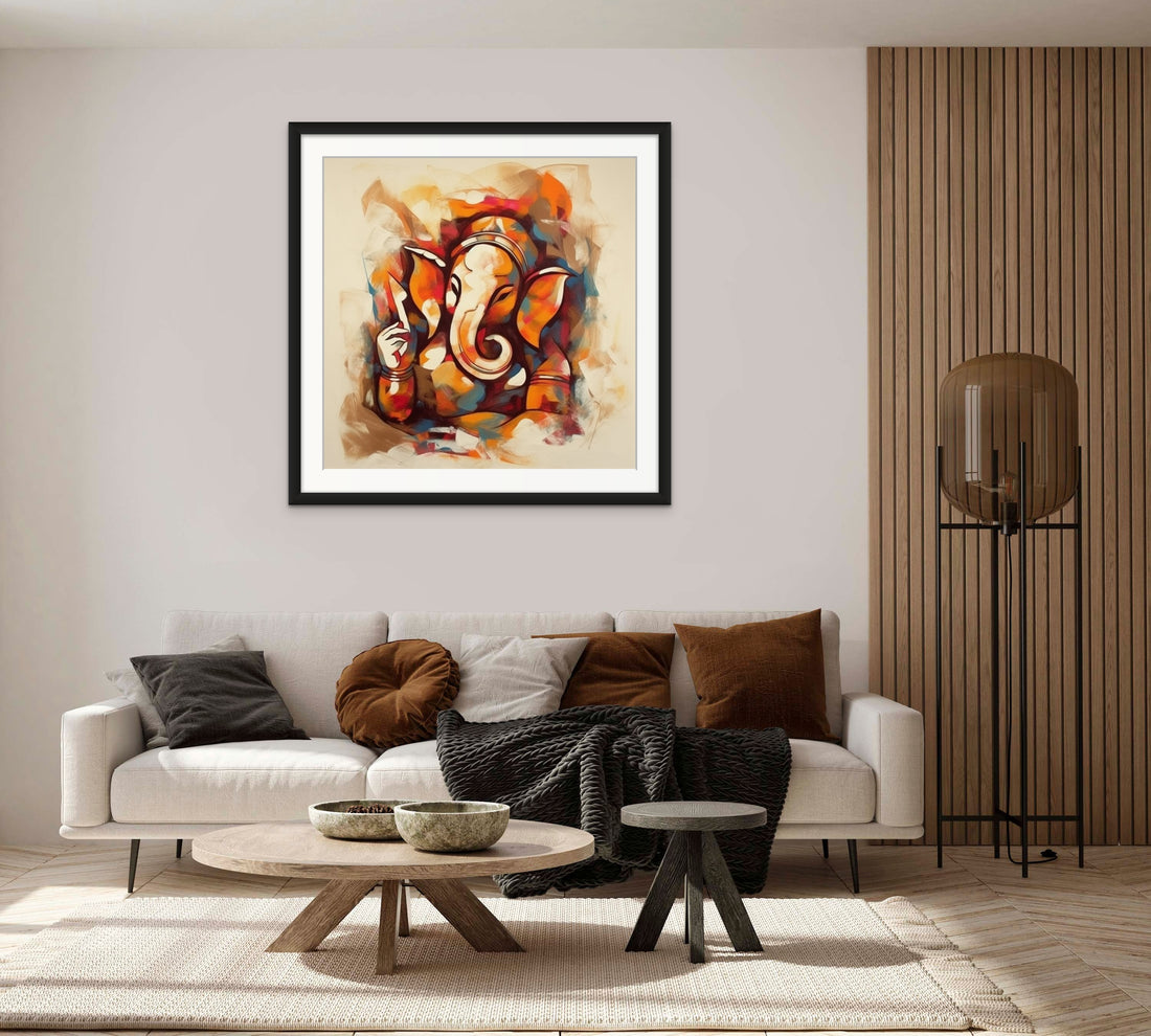 An Abstract Oil Color Painting Print of Lord Ganesha in Mustard, Brown