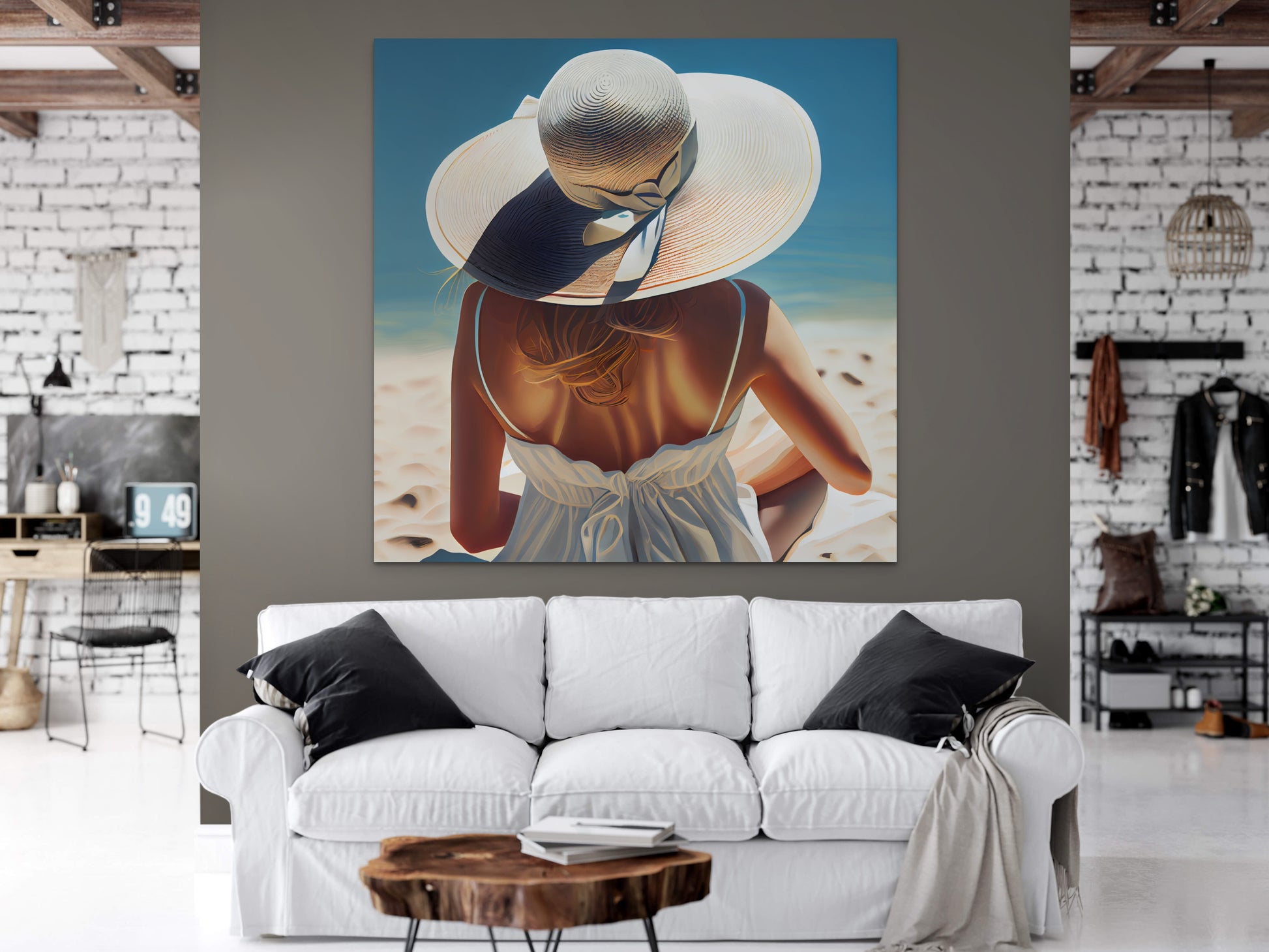 A Stunning Airbrush Illustration of a Woman in a White Dress Sunbathin
