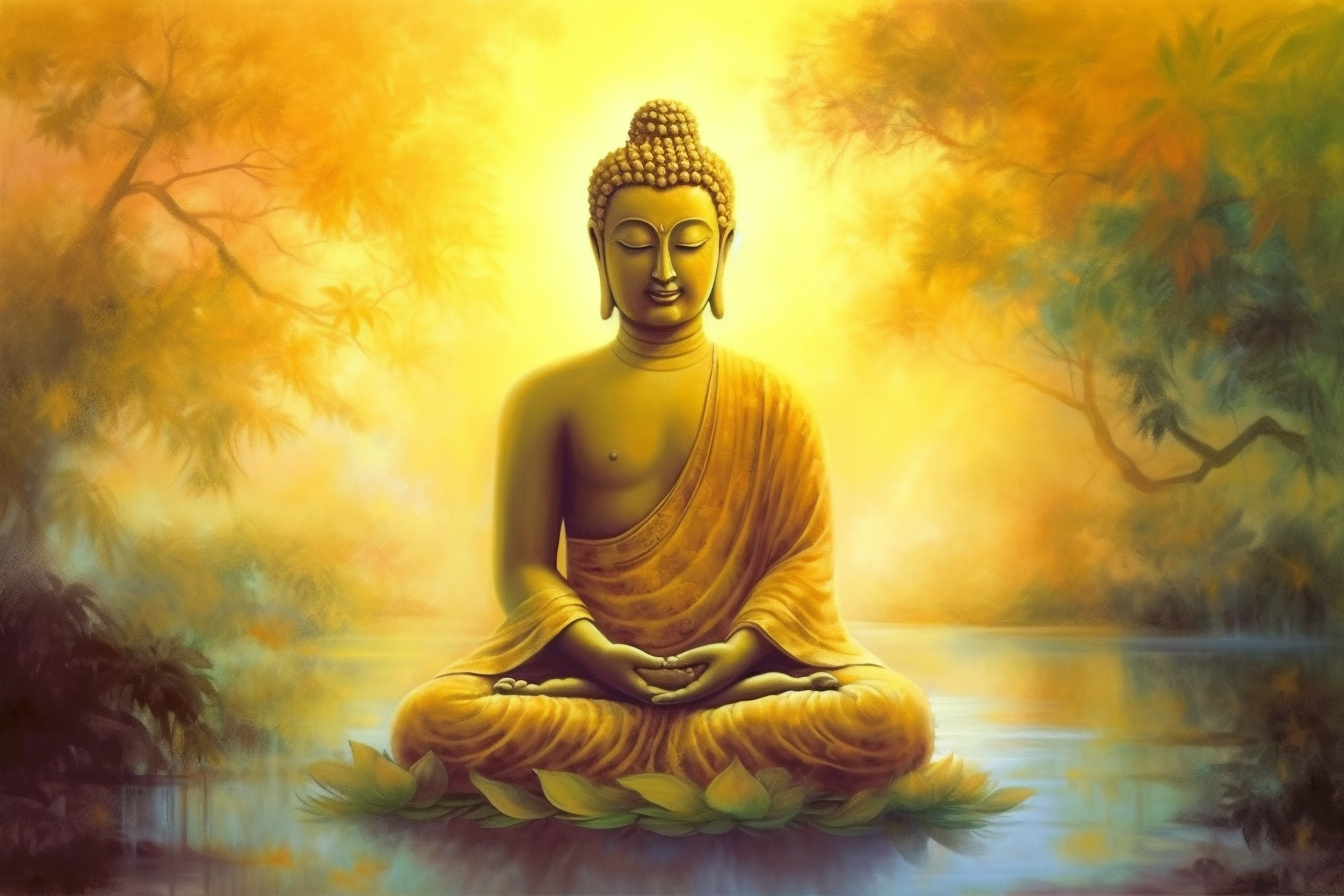 Golden Serenity: An Airbrush Print of Lord Buddha Meditating in Shades