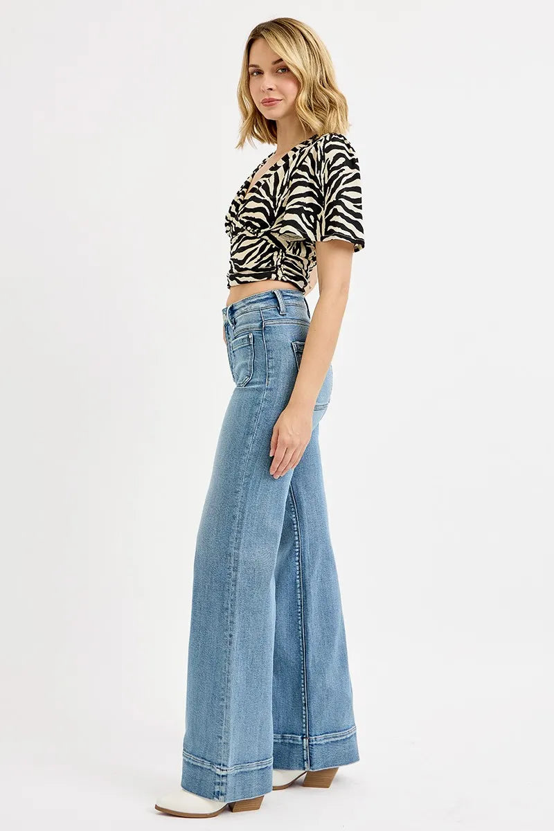 RISEN High Rise Wide Flare Patch Pocket Jeans