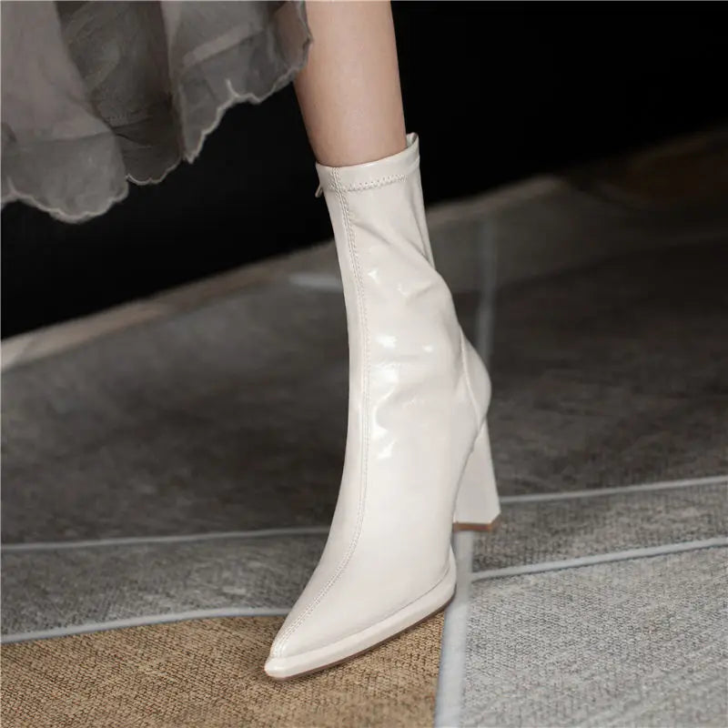 Naohailian Women's Boots High Heels Half Footwear White Pointed Toe Elastic Shoes for Woman Mid Calf Elegant Heeled 2024 New Spring Pu Y2k