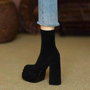 Naohailian Chunky Women's Ankle Boots Very High Heels Booties Heeled Short Shoes for Woman Suede Platform Sock with Free Shipping - naohailian