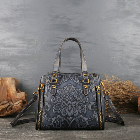 Retro Flowers Embossed Cow Leather Handbags