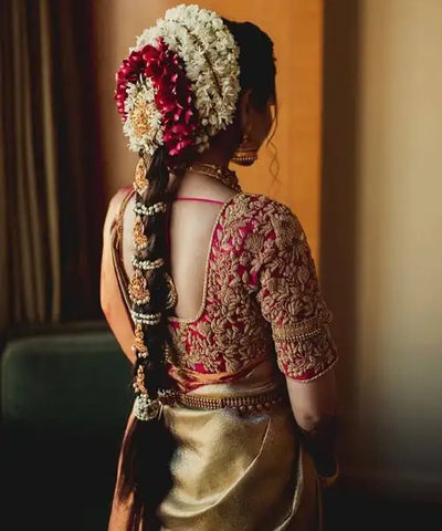 Photo of unique bridal look for south indian bride with maroon saree