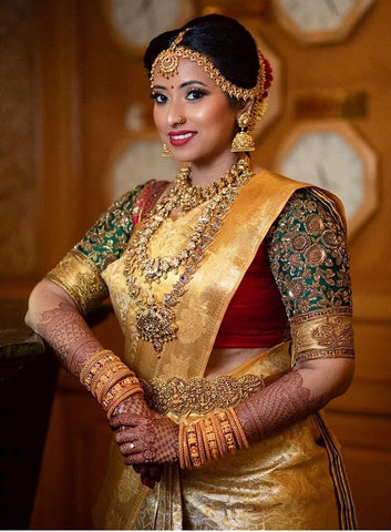 Wedding Saree Women, Golden Saree Bride, Saree Style Wedding