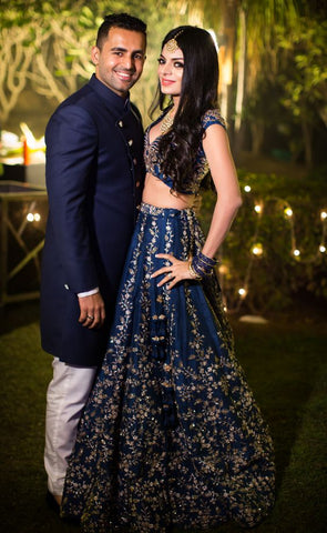 Velvet Lehenga and Dinner Jacket in couple outfits