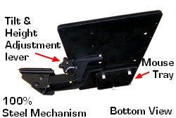 Ergonomic keyboard shelf with mouse tray that tilts& swivels; is also height adjustable. Slides in and out, under tabletop