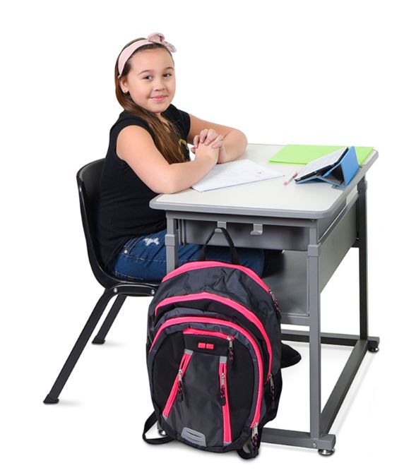 Sit or Stand Student Desk with storage capacity and back-pack hook.
