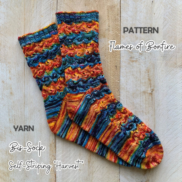 free sock pattern Flames of Bonfire with Self-Striping HARVEST yarn