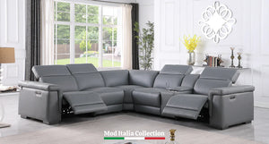 Leonardo Power Reclining Italian Leather Sectional 7pcs Grey - XOOM FURNITURE - Leather Sectional Reclining